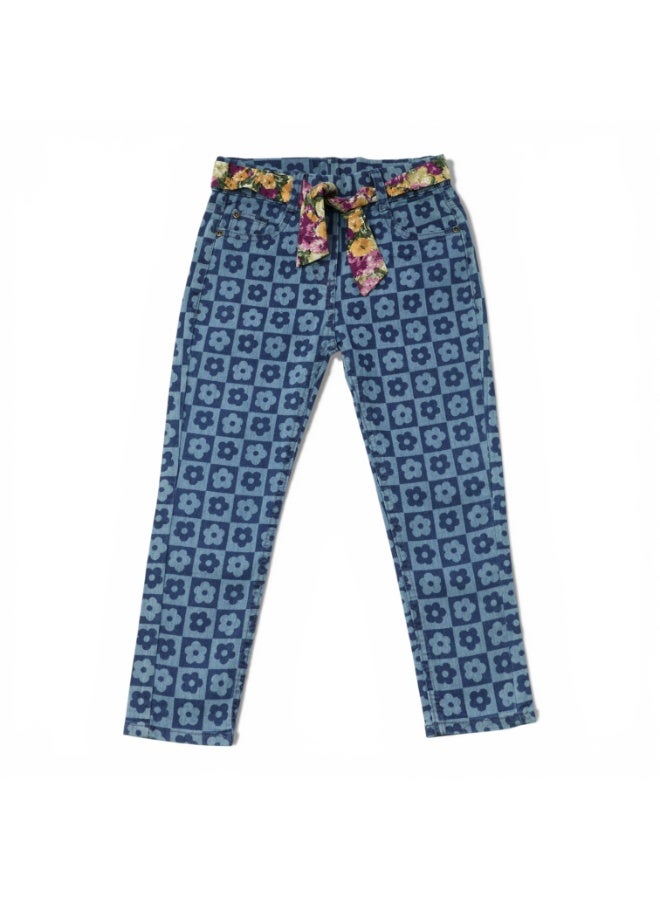 MARWAN Girls Printed Denim Long Pant with Contrast Waist BeltX - Image 1